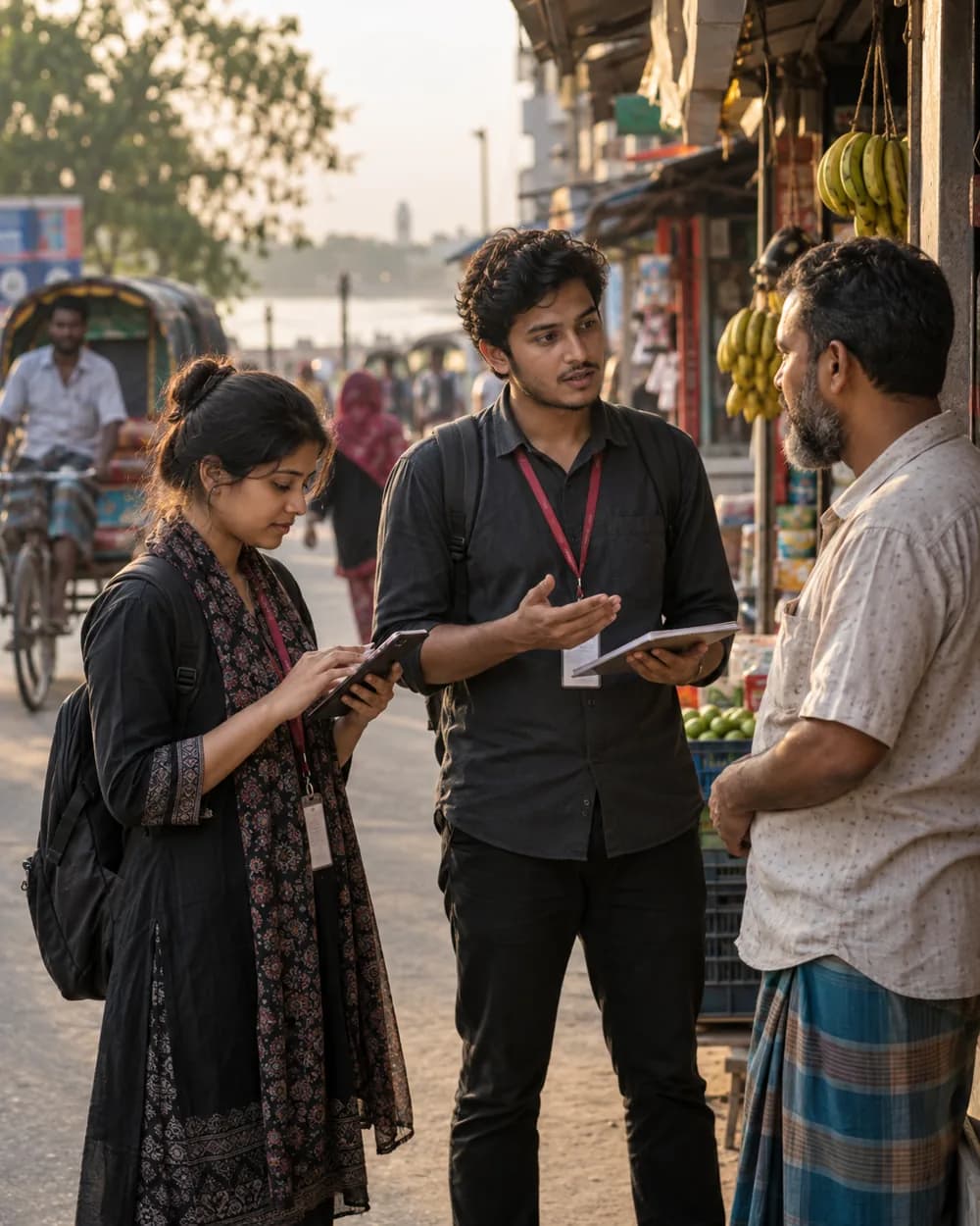 Two Bangladeshi market researchers interviewing a shop owner in Rajshahi